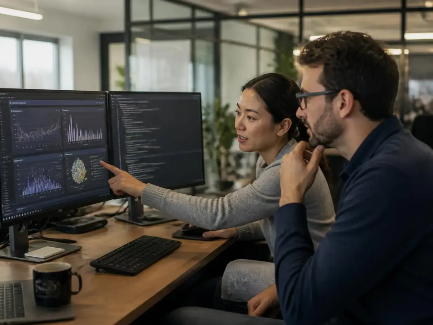 AI development services: data scientists reviewing machine learning model results on screen