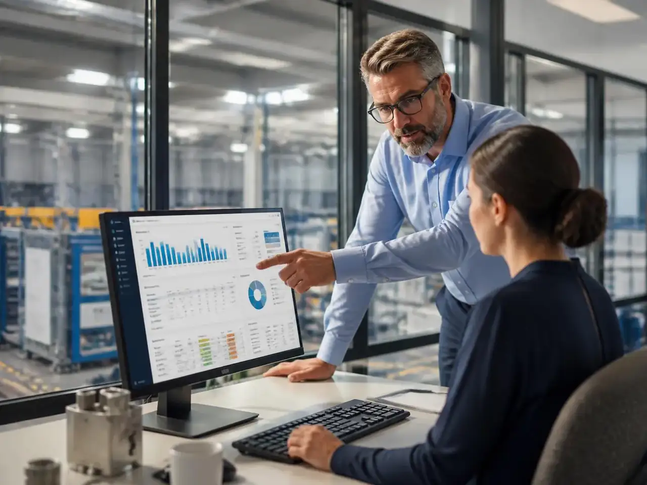 ERP consulting: operations manager and analyst reviewing a live production and inventory dashboard