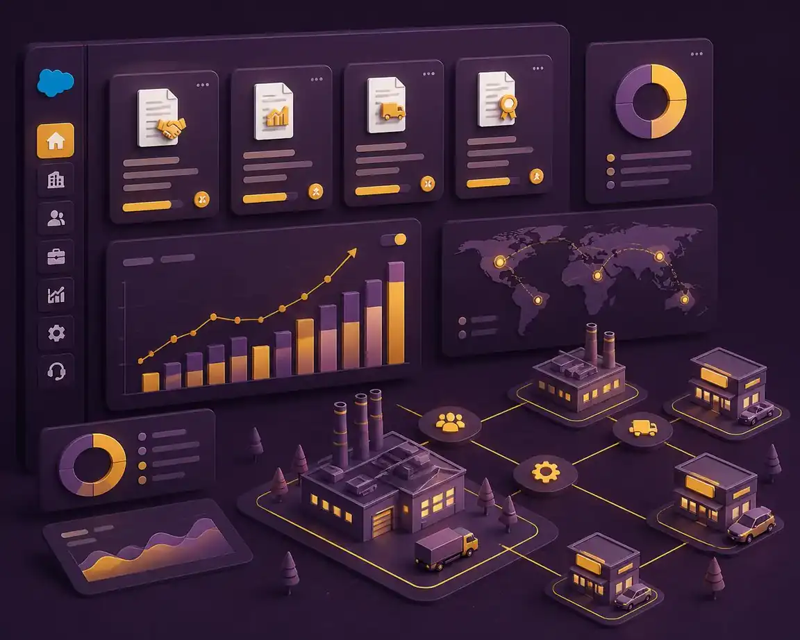 Salesforce Manufacturing Cloud dashboard with sales agreements, account forecasting and dealer network