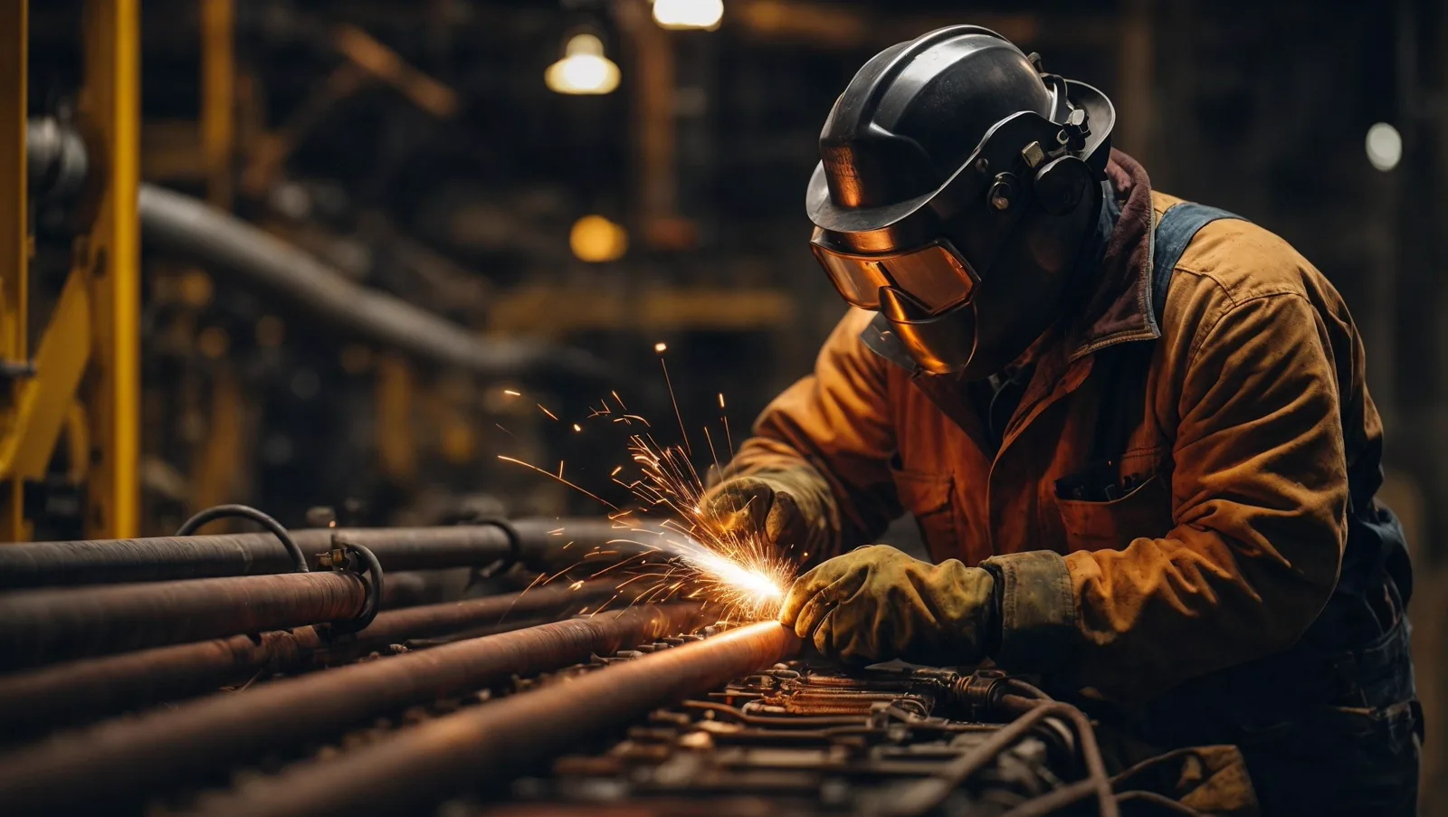 Welder working on steel components in a modern automotive manufacturing facility