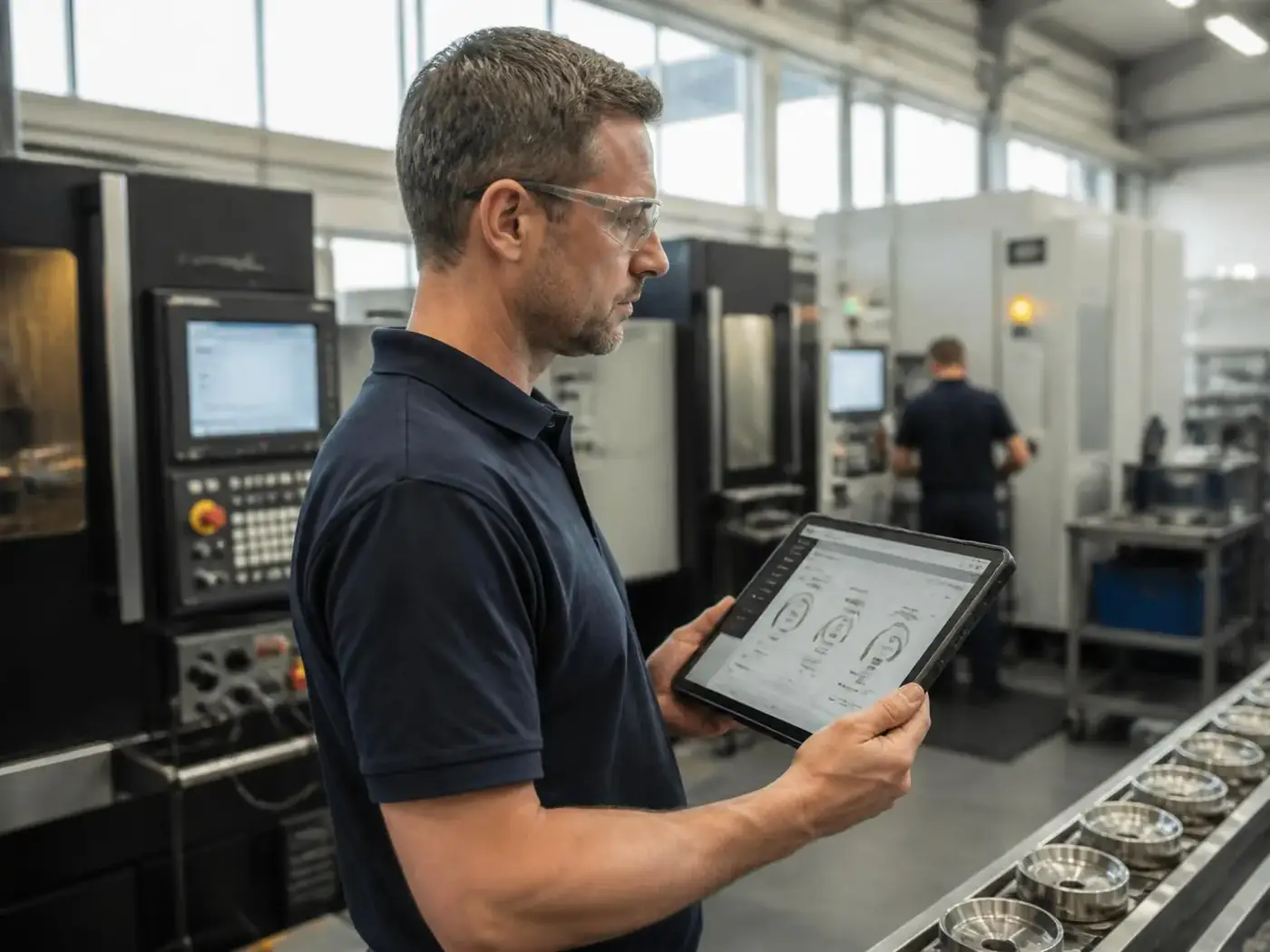 Plex ERP consulting for manufacturers: production engineer reviewing live plant data