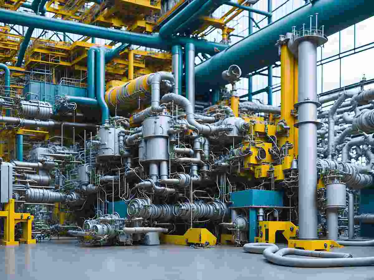 Manufacturing facility floor with industrial piping and control systems running on Plex ERP