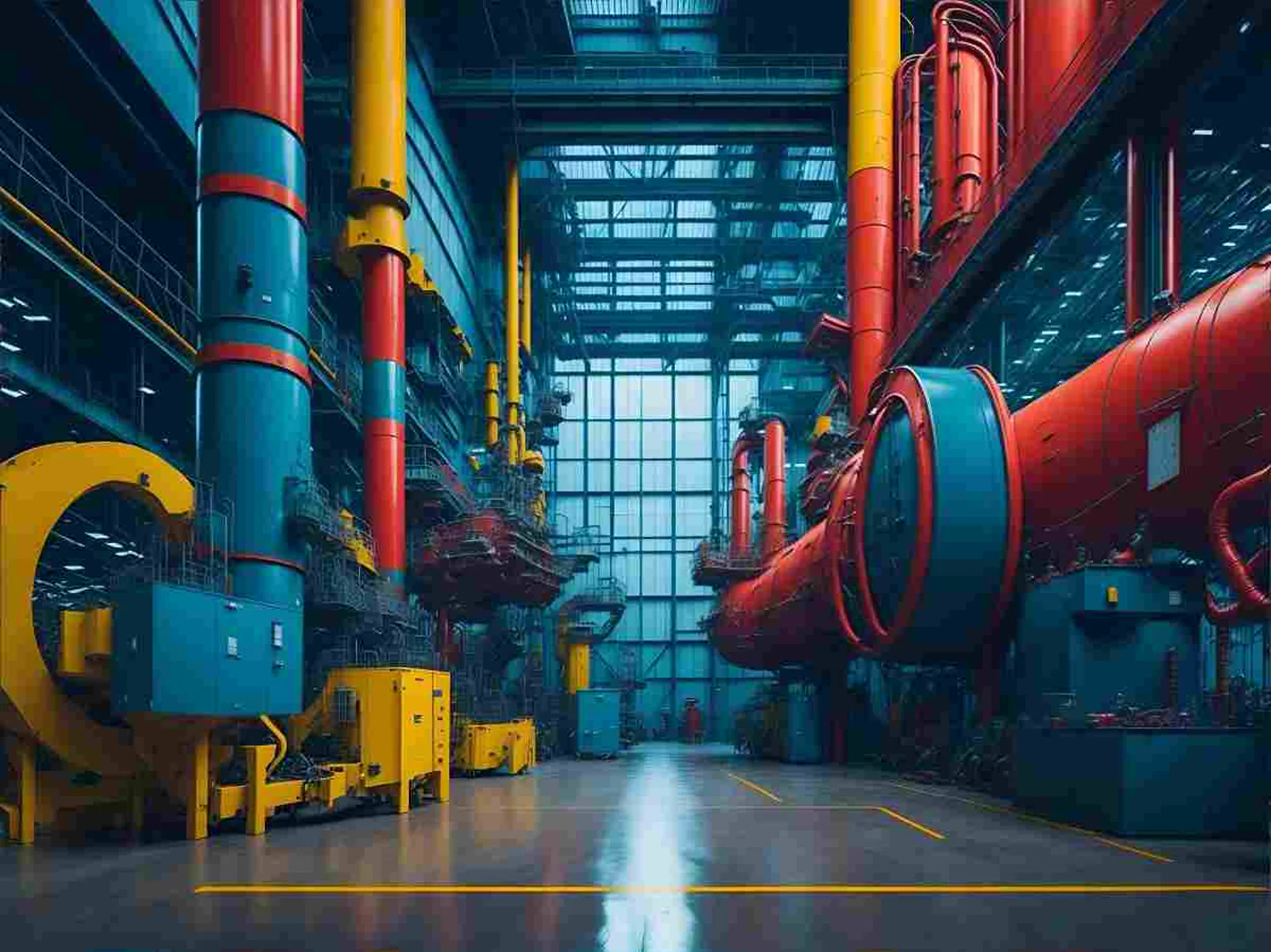 Manufacturing plant interior with color-coded industrial piping and machinery