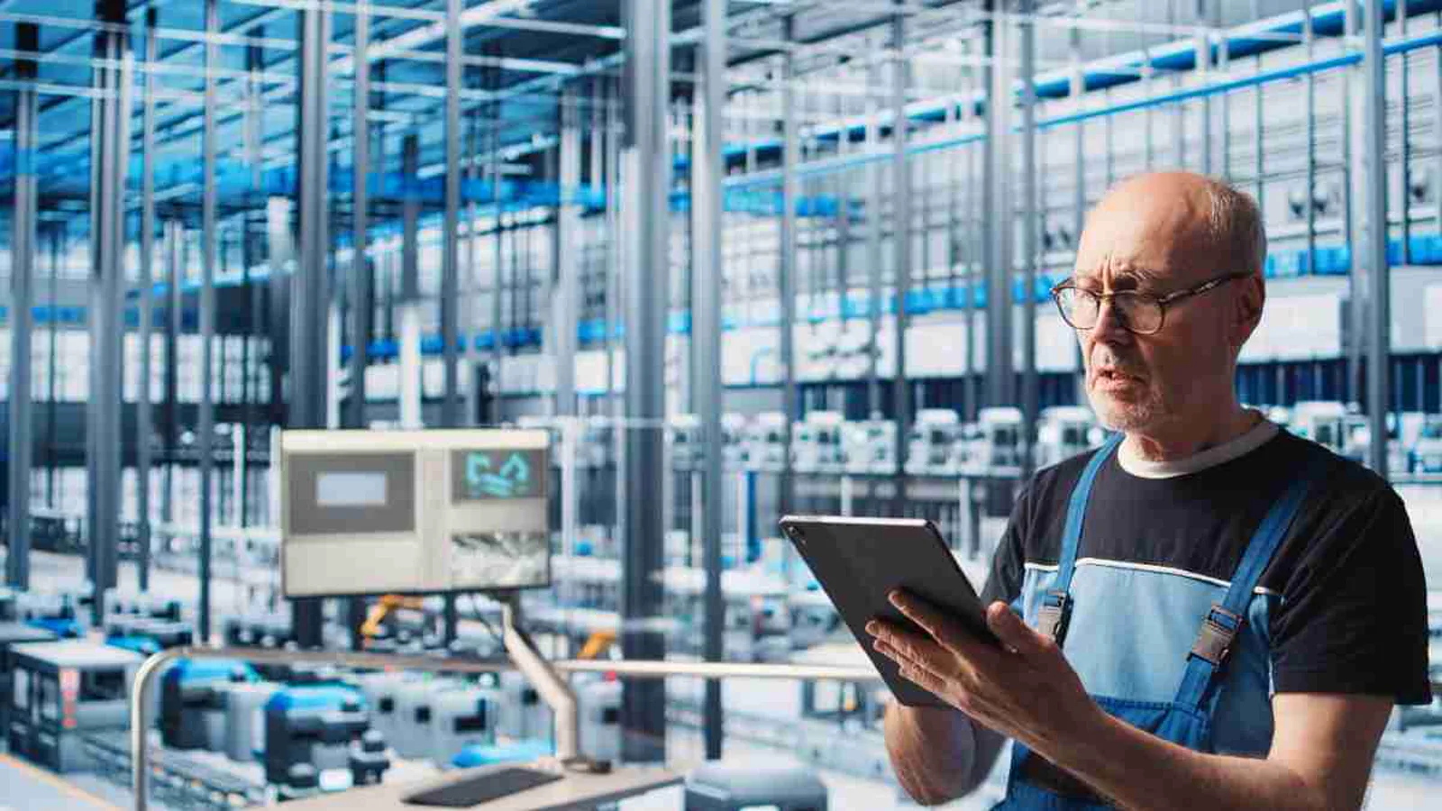 Automotive manufacturing worker using a tablet on the shop floor