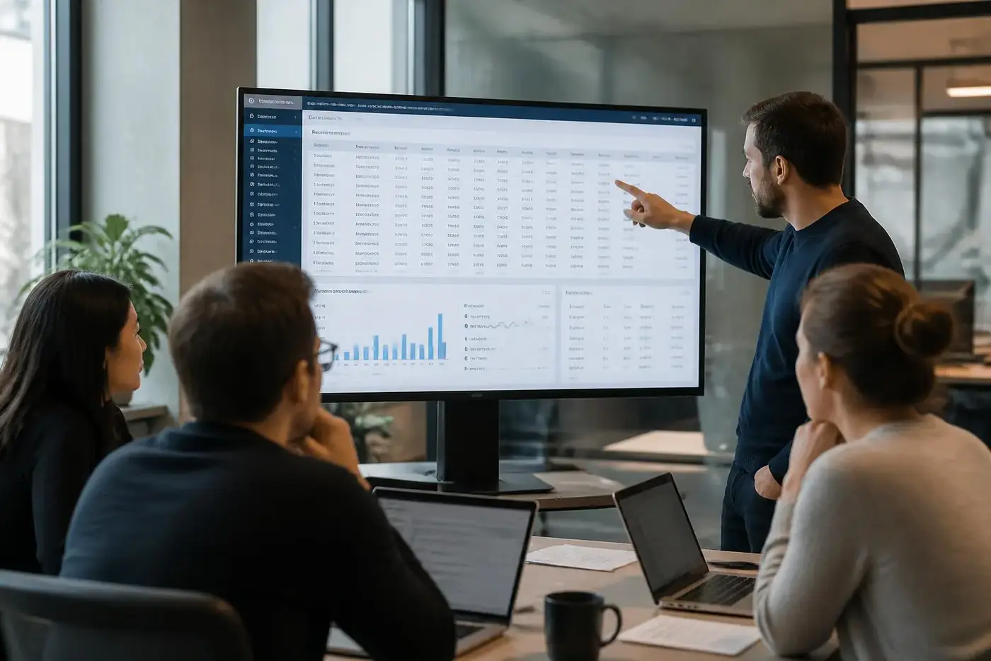 Team reviewing a data grid heavy Ext JS application on a large screen