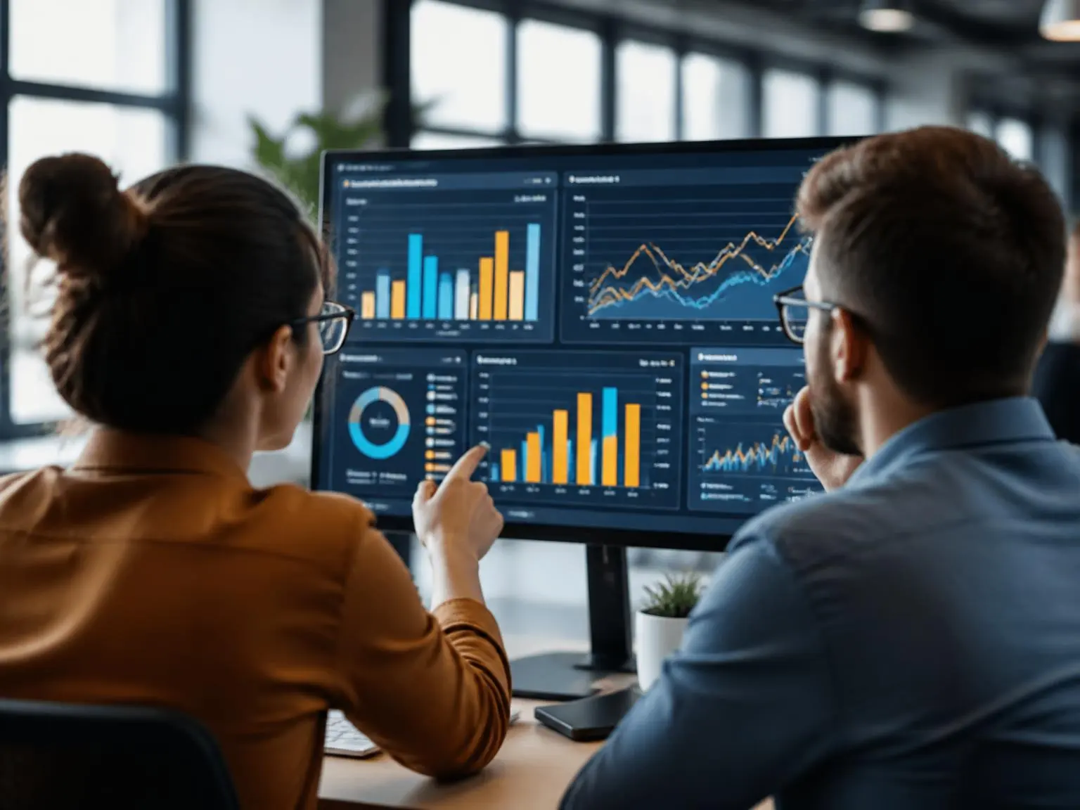 Analysts reviewing interactive Tableau dashboards on a large display