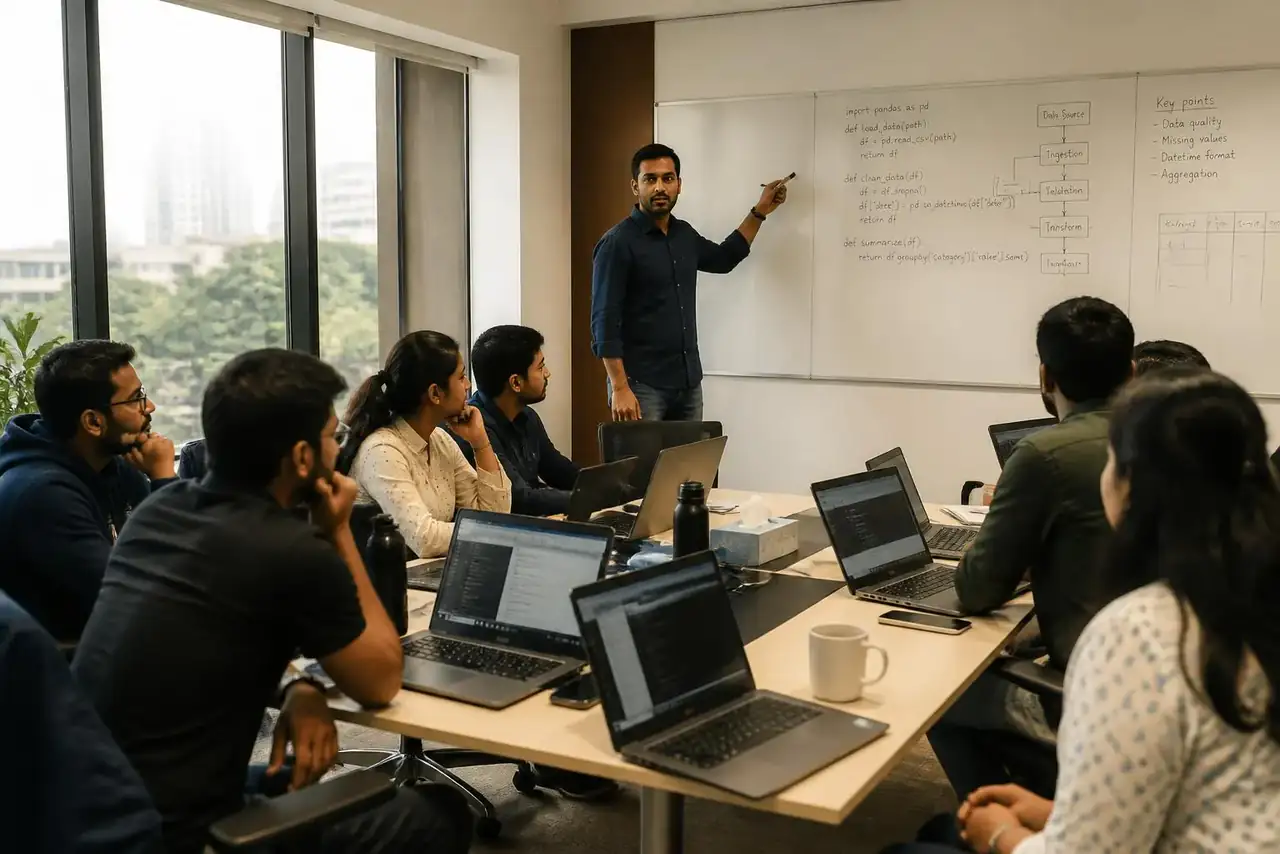 Instructor leading a corporate technology training workshop with a team of engineers