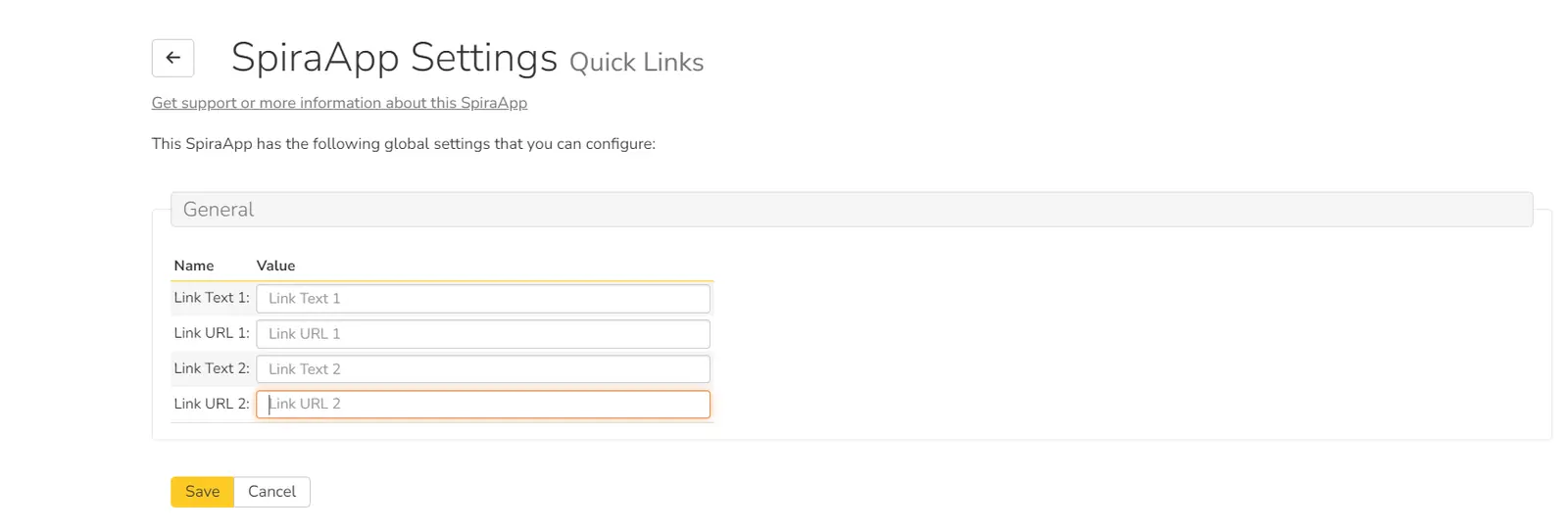 Quick Links SpiraApp system settings screen