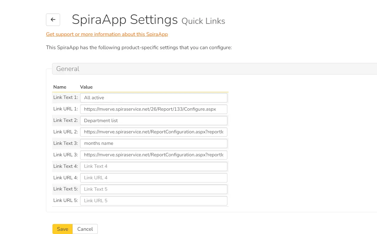 Quick Links SpiraApp product settings screen