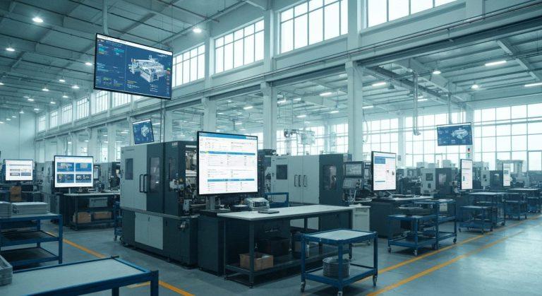 Modern factory with ERP dashboards